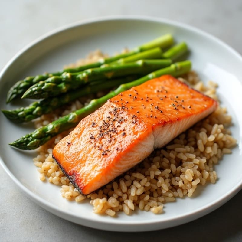 Seared Salmon with Steamed Asparagus and Brown Rice
