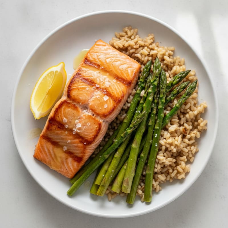 Seared Salmon Fillet with Roasted Asparagus and Brown Rice