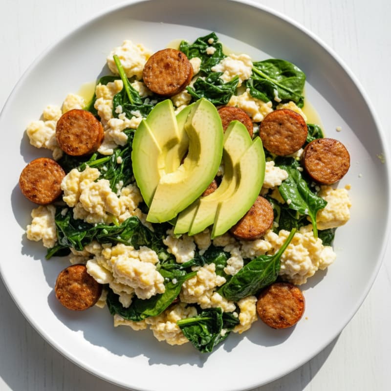 Egg White Spinach Scramble with Turkey Sausage