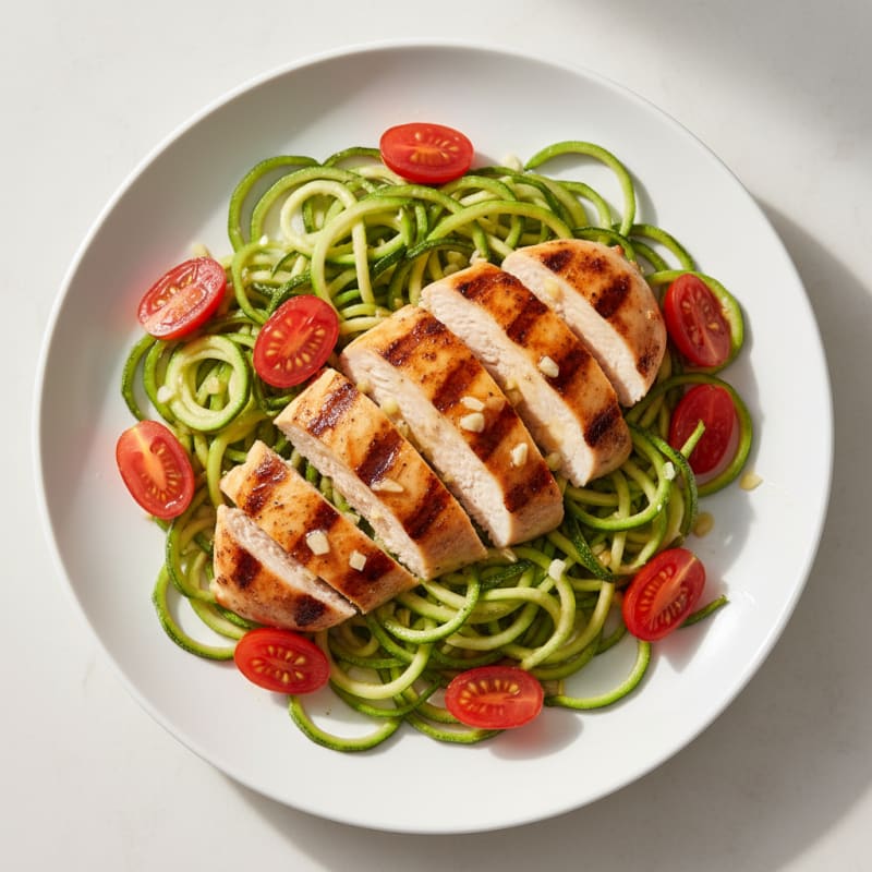 Grilled Chicken Breast with Zucchini Noodles and Cherry Tomatoes