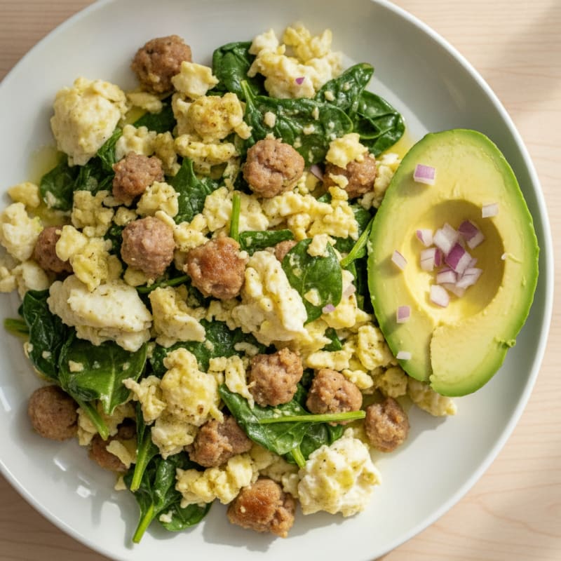 Egg White and Turkey Sausage Scramble with Sautéed Spinach