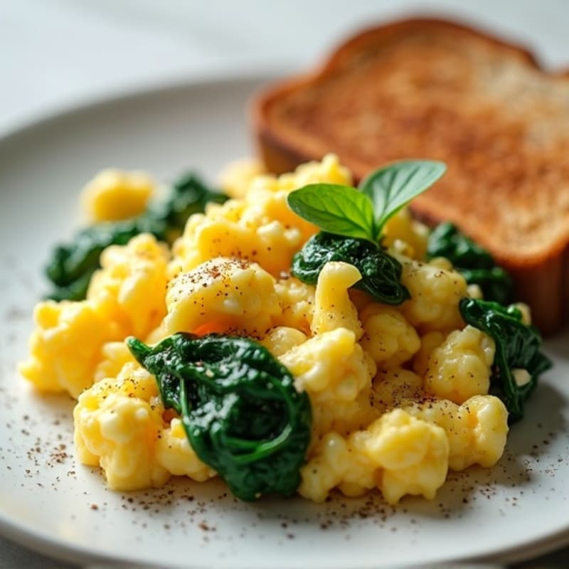 Scrambled Eggs with Cottage Cheese and Sautéed Spinach