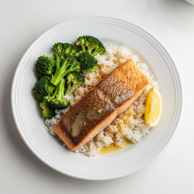 Seared Salmon with Garlic Rice and Steamed Broccoli