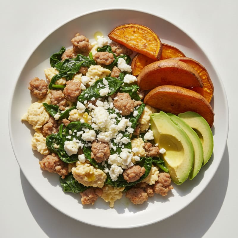 Egg White and Turkey Sausage Scramble with Spinach and Feta