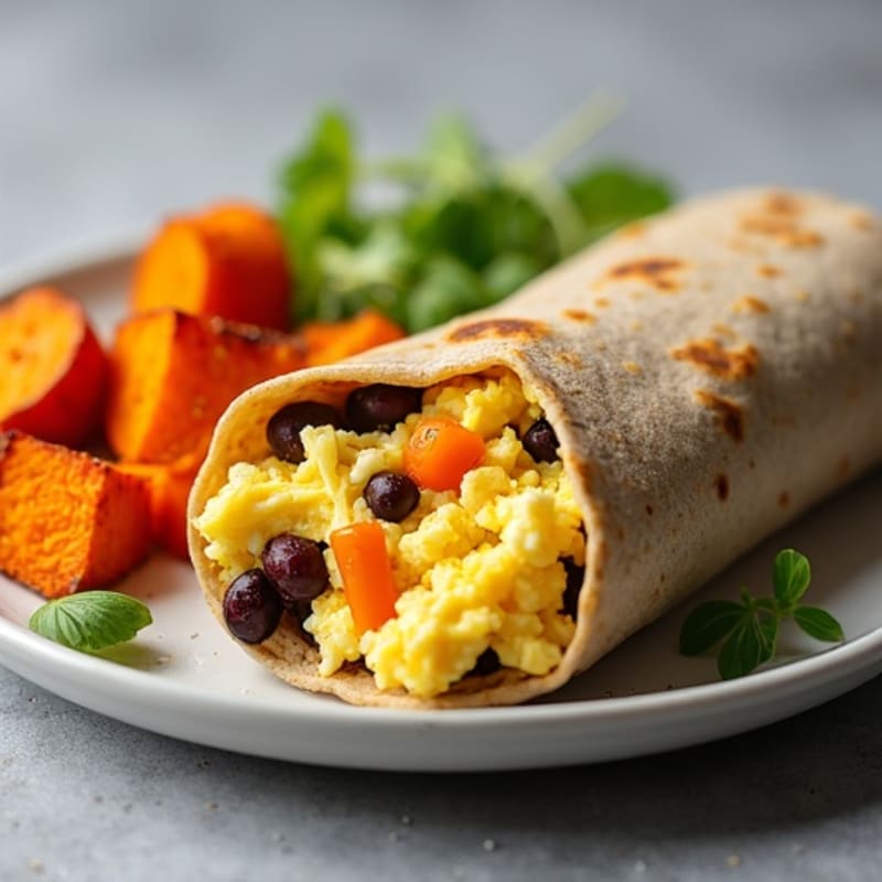 Hearty Scrambled Egg and Black Bean Burrito with Roasted Sweet Potatoes