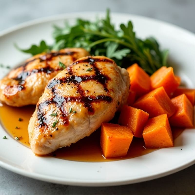 Honey-Garlic Grilled Chicken with Roasted Sweet Potato and Glazed Carrots