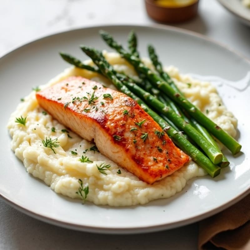 Seared Salmon with Steamed Asparagus and Cauliflower Mash