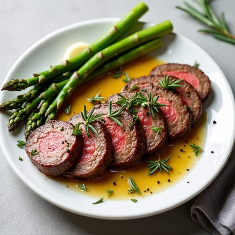 Garlic Herb Pan-Seared Beef Chuck Roll Thin Steak with Roasted Asparagus
