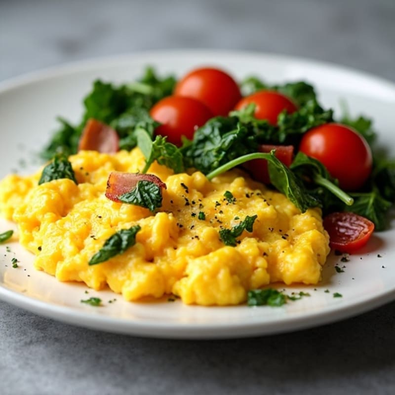 Fluffy Scrambled Eggs with Sautéed Spinach and Cherry Tomatoes