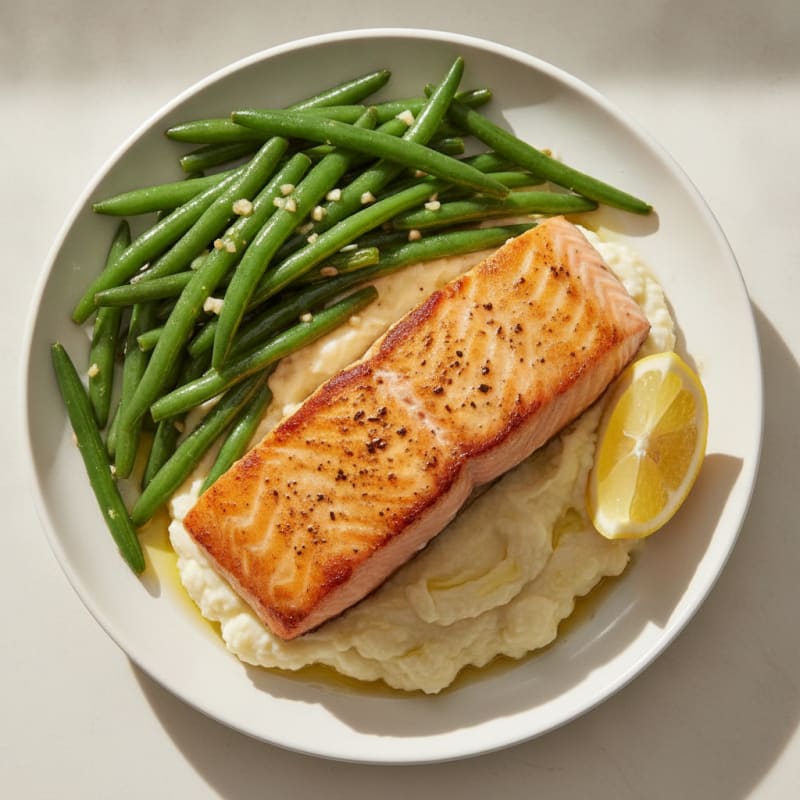 Seared Salmon with Garlic Green Beans and Mashed Cauliflower