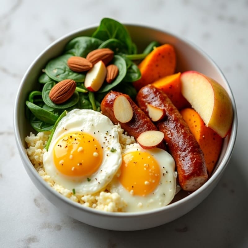 Scrambled Egg White and Turkey Sausage Bowl with Roasted Sweet Potato, Spinach & Apple Almond Snack