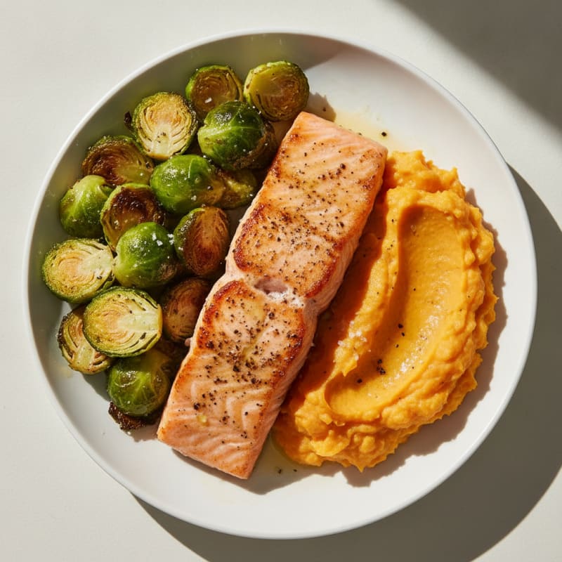 Seared Salmon with Roasted Brussels Sprouts and Sweet Potato Mash