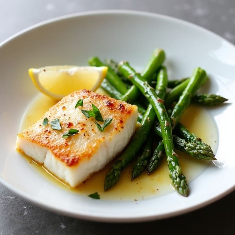 Seared Cod with Steamed Asparagus and Lemon