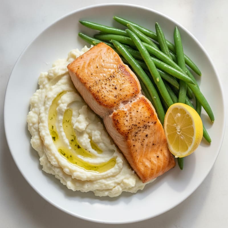 Seared Salmon with Steamed Green Beans and Garlic Mashed Cauliflower