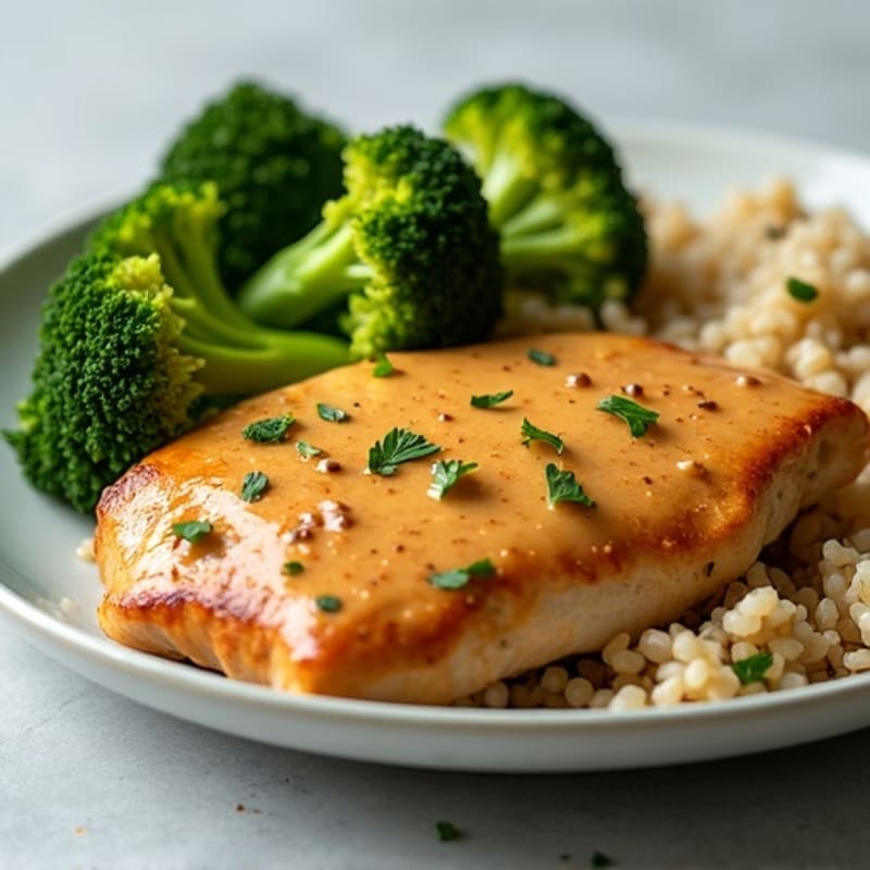 Creamy Peanut Chicken with Crispy Broccoli and Brown Rice