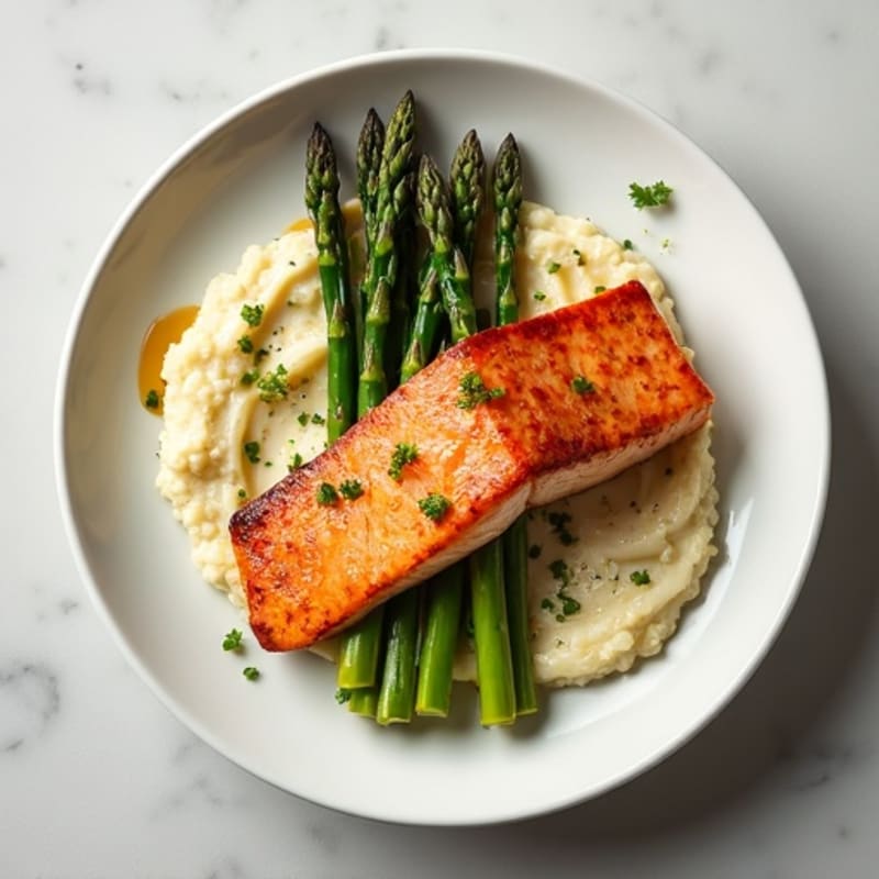 Seared Salmon with Steamed Asparagus and Garlic Cauliflower Mash