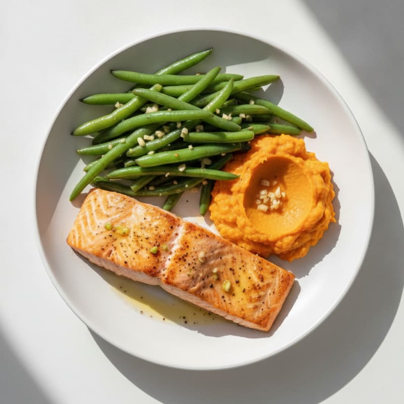 Seared Salmon with Garlic Green Beans and Sweet Potato Mash