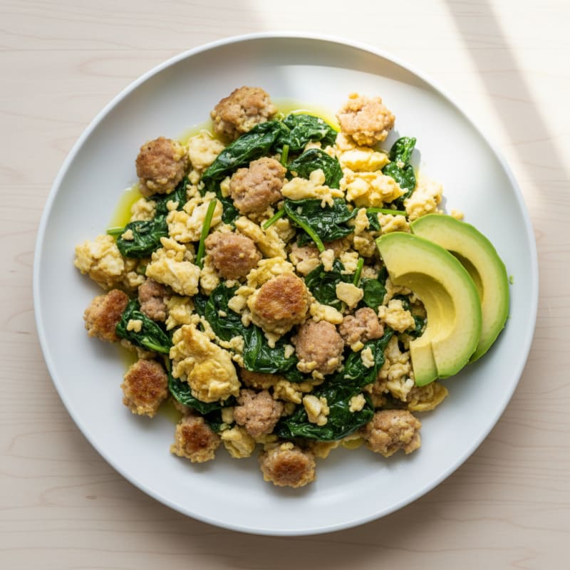 Egg White and Turkey Sausage Scramble with Sautéed Spinach