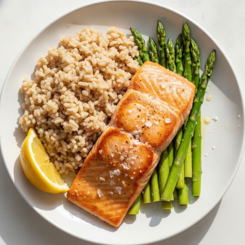 Pan-Seared Salmon with Steamed Asparagus and Brown Rice