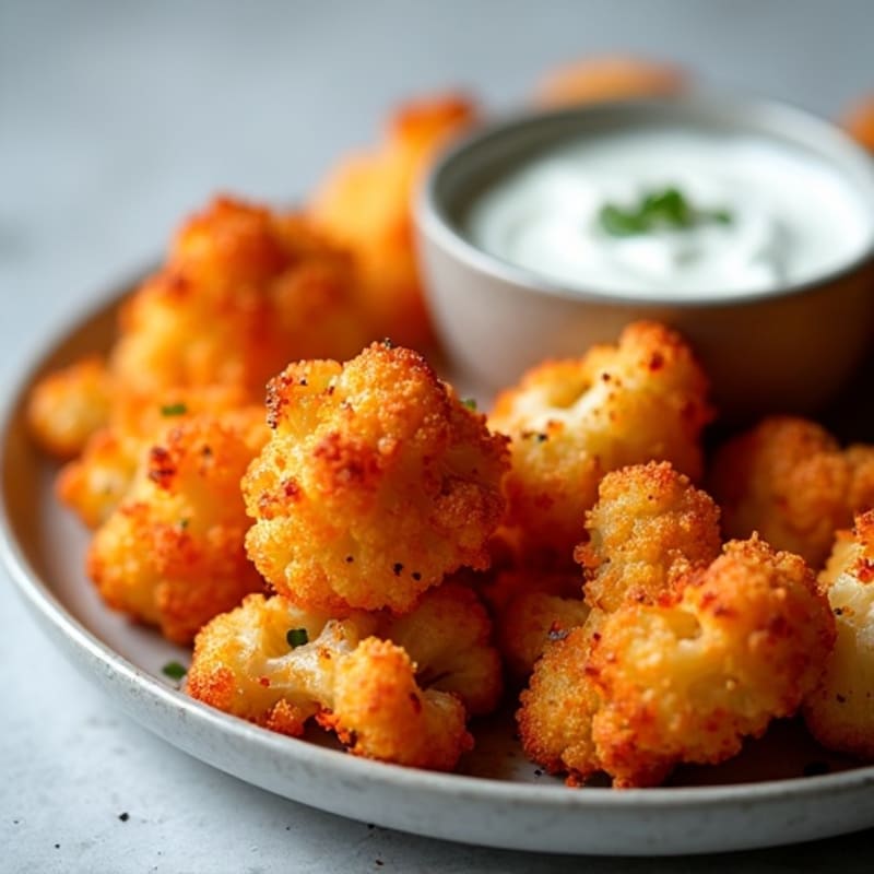 Crispy Buffalo Roasted Cauliflower Bites with Greek Yogurt Dip
