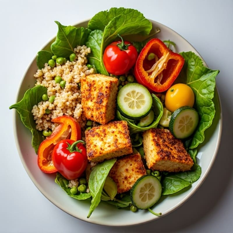 Crispy Tofu and Quinoa Power Salad with Roasted Vegetables