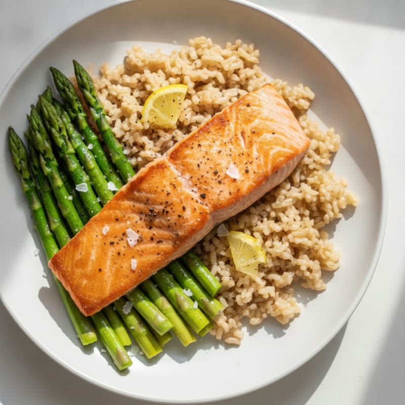 Seared Salmon with Steamed Asparagus and Brown Rice