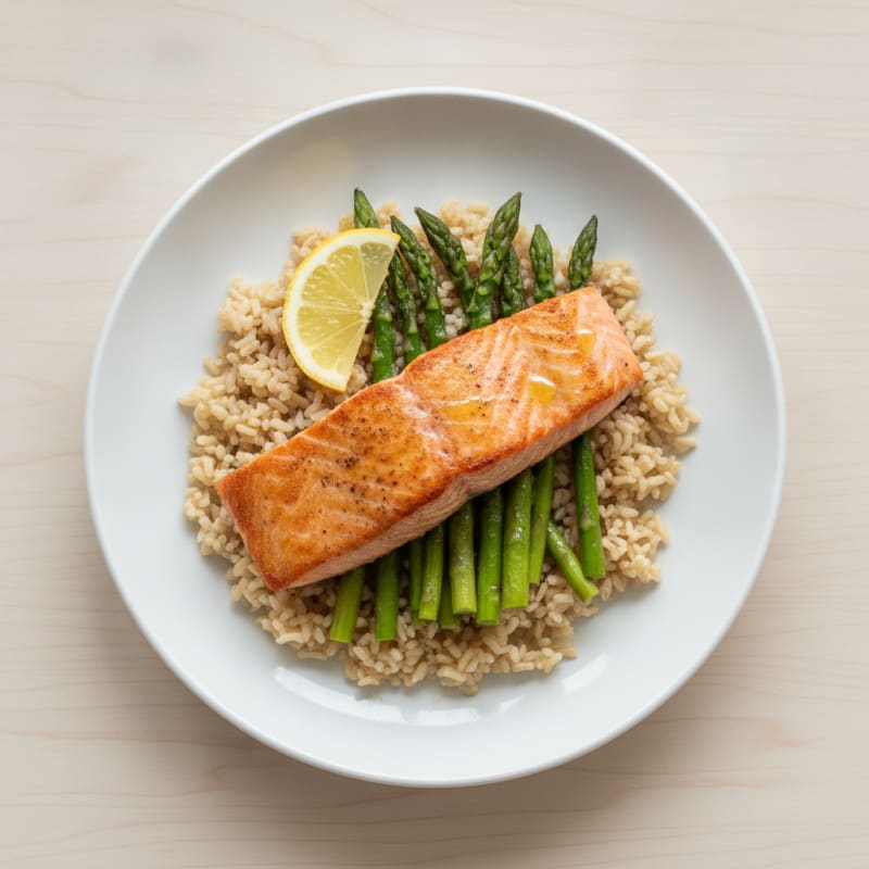 Seared Salmon Fillet with Steamed Asparagus and Brown Rice