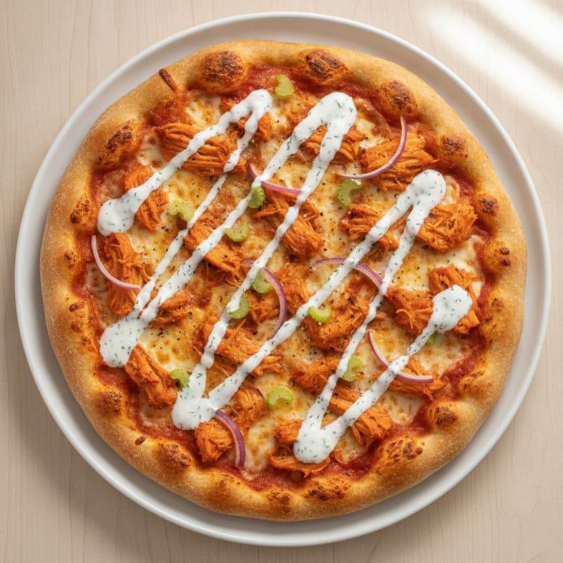 Buffalo Chicken Pizza with Ranch Drizzle