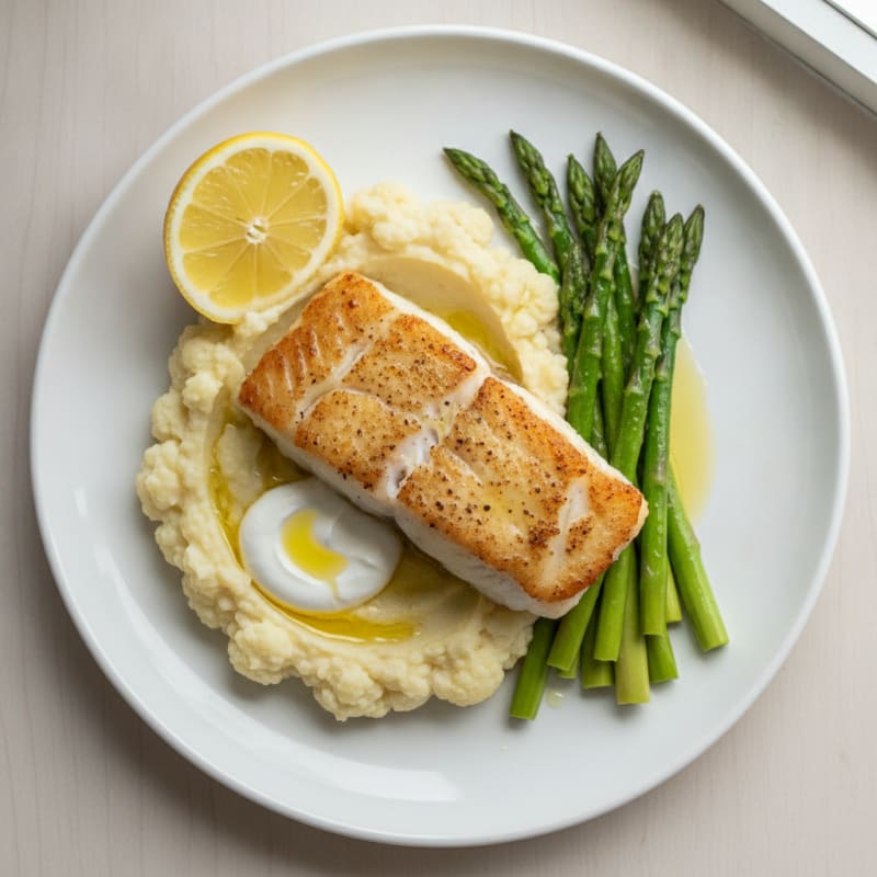 Seared Cod Fillet with Steamed Asparagus and Garlic Mashed Cauliflower