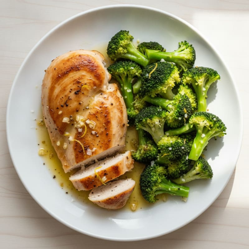 Lemon Garlic Pan Seared Chicken Breast with Steamed Broccoli