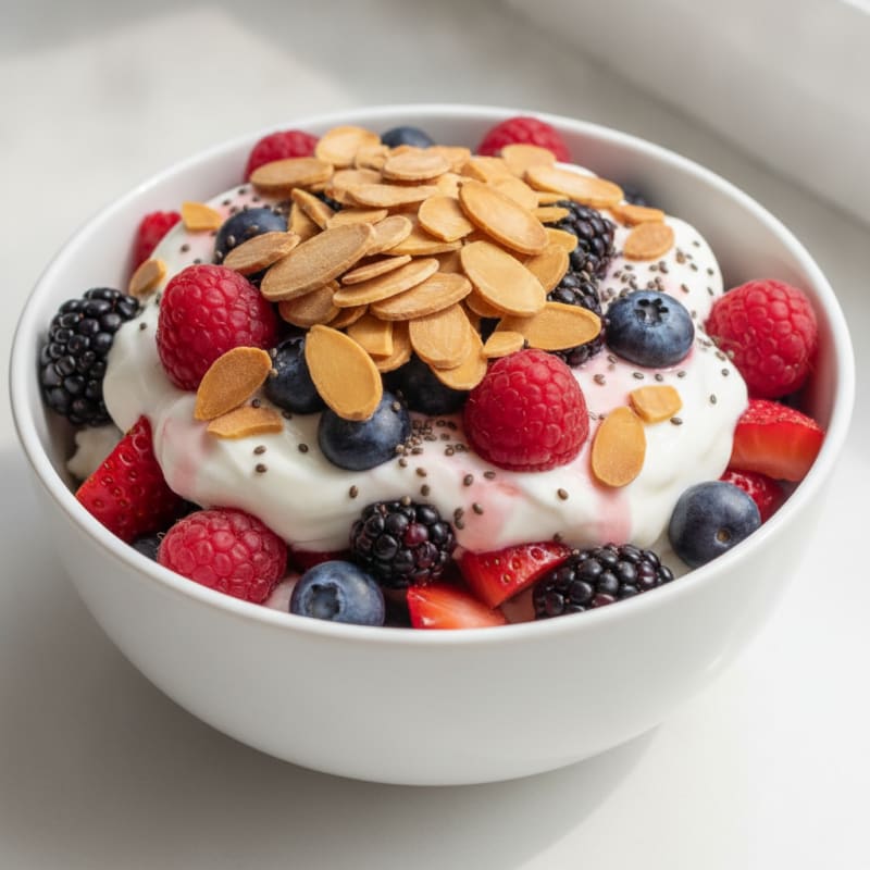 Greek Yogurt Protein Parfait with Mixed Berries and Almonds