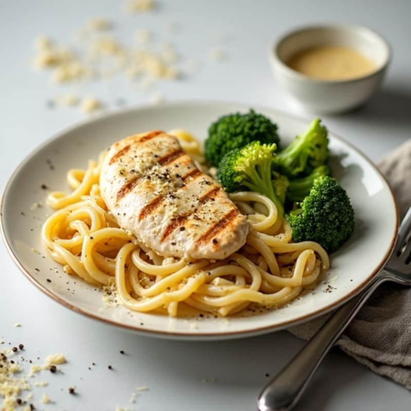 Healthy Creamy Chicken Alfredo with Roasted Broccoli