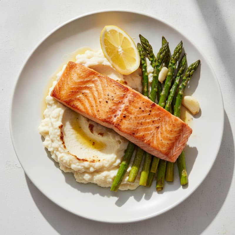 Seared Salmon with Roasted Asparagus and Cauliflower Mash
