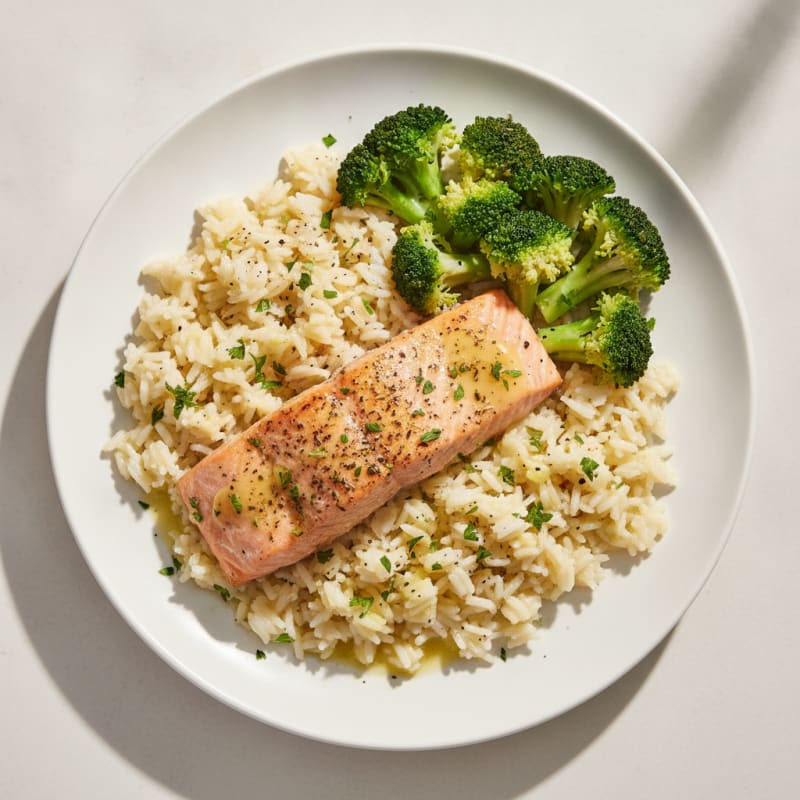 Baked Salmon with Lemon-Herb Rice and Broccoli