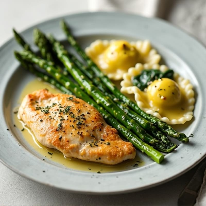 Lemon-Garlic Pan-Seared Chicken with Creamy Spinach Ravioli and Roasted Asparagus
