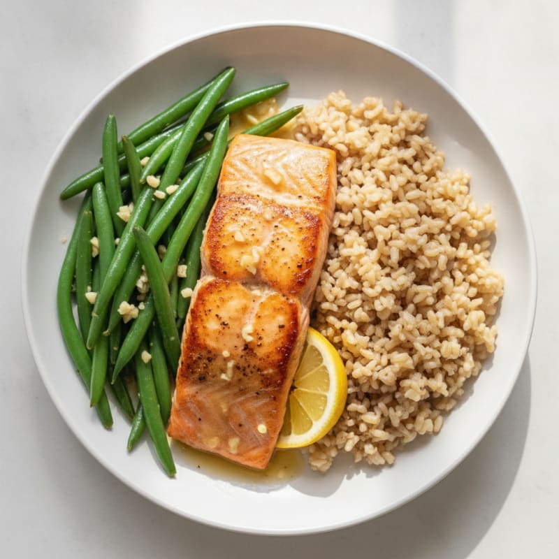 Seared Salmon with Garlic Green Beans and Brown Rice