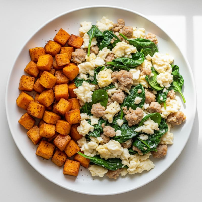 Egg White and Turkey Sausage Scramble with Spinach and Roasted Sweet Potato