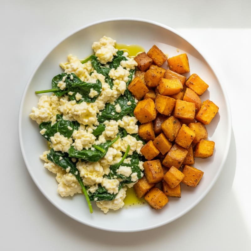 Cottage Cheese Scramble with Spinach and Roasted Sweet Potatoes