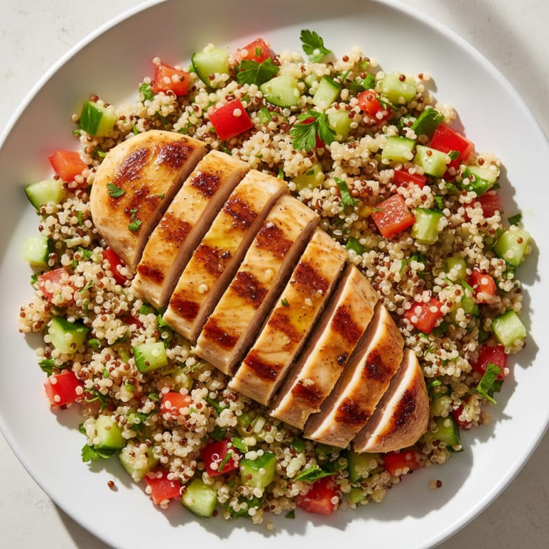 Grilled Chicken Breast with Crunchy Quinoa Salad and Lemon Dressing