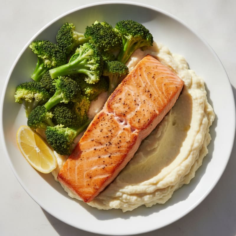 Seared Salmon with Steamed Broccoli and Garlic Cauliflower Mash