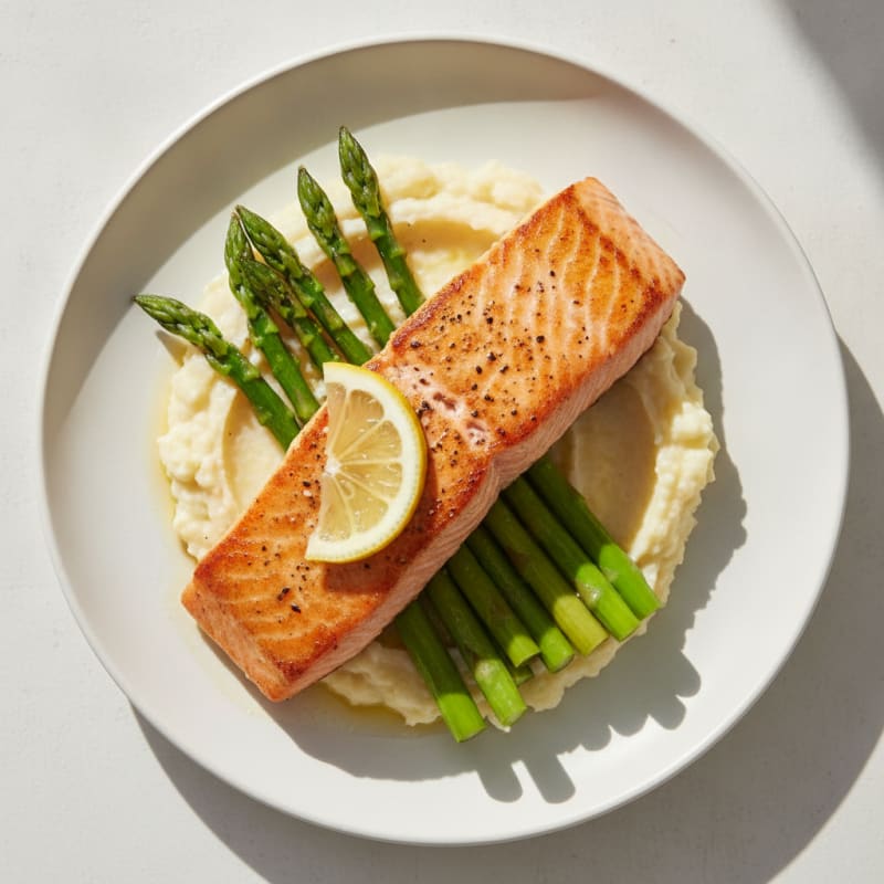 Seared Salmon with Steamed Asparagus and Cauliflower Mash