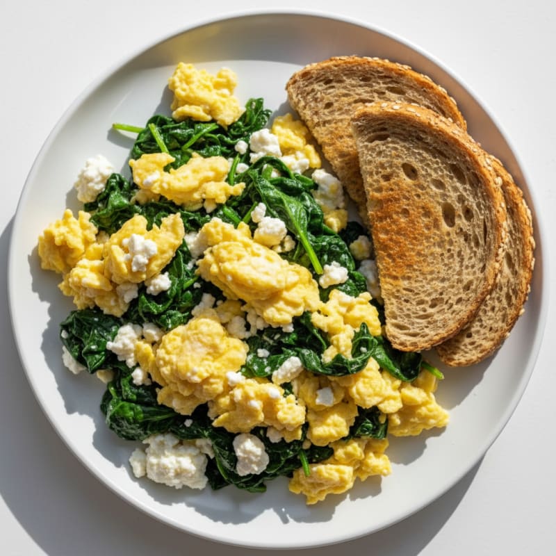 Scrambled Eggs with Cottage Cheese and Sautéed Spinach