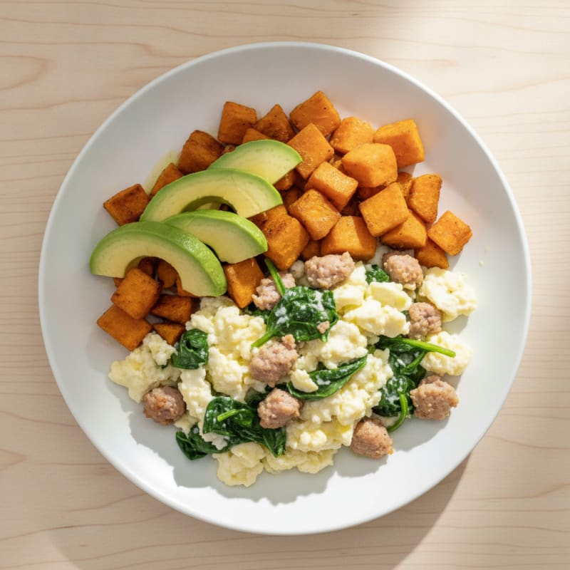 Egg White Scramble with Turkey Sausage and Spinach