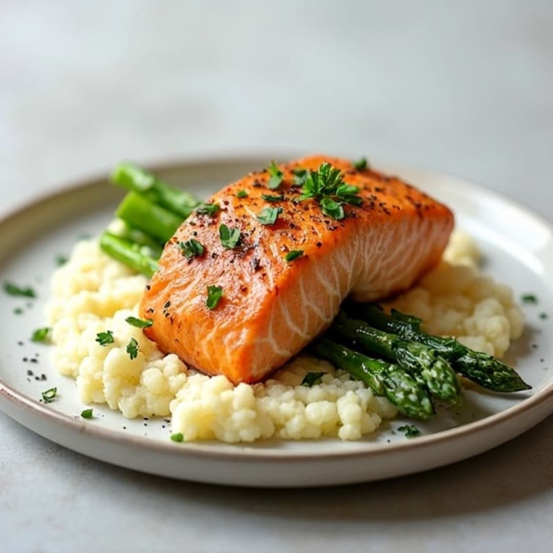 Seared Salmon Fillet with Roasted Asparagus and Cauliflower Mash