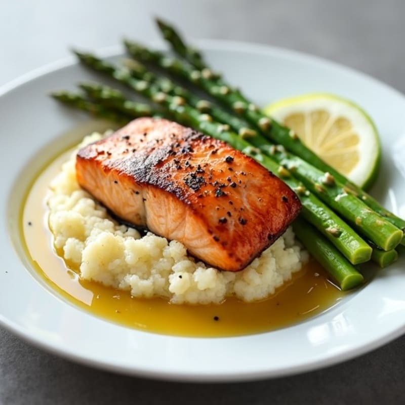 Seared Salmon with Steamed Asparagus and Cauliflower Mash