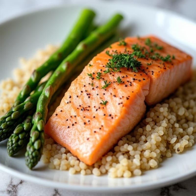Seared Salmon Fillet with Steamed Asparagus and Quinoa