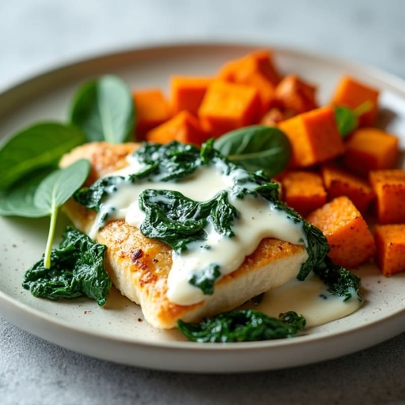 Creamy Spinach Chicken with Roasted Sweet Potatoes