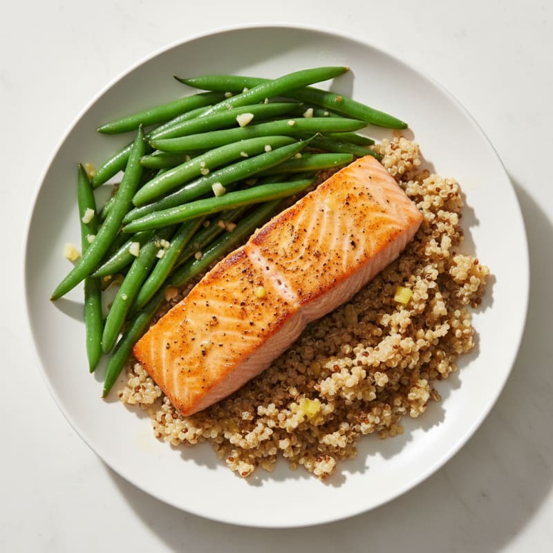Seared Salmon with Garlic Green Beans and Quinoa