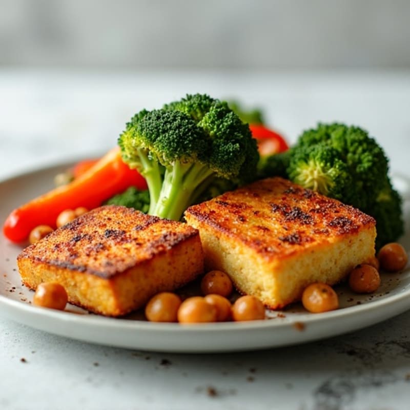 Crispy Baked Tofu with Roasted Broccoli and Bell Peppers