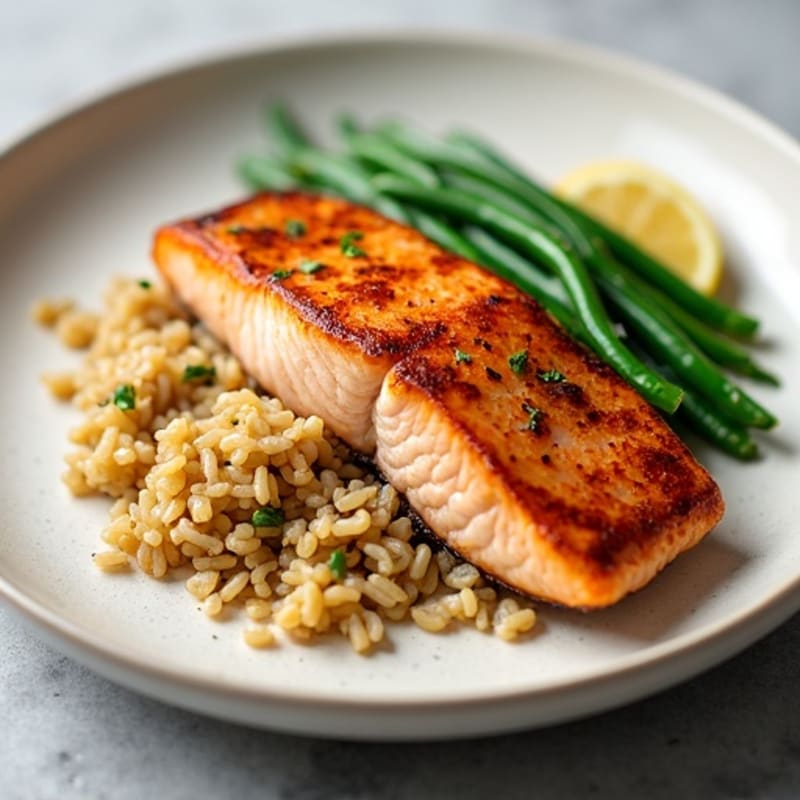 Seared Salmon with Garlic Green Beans and Brown Rice